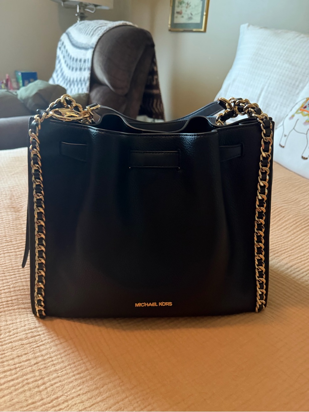 Michael Kors Black Leather Shoulder Bag with Gold Chain Straps
